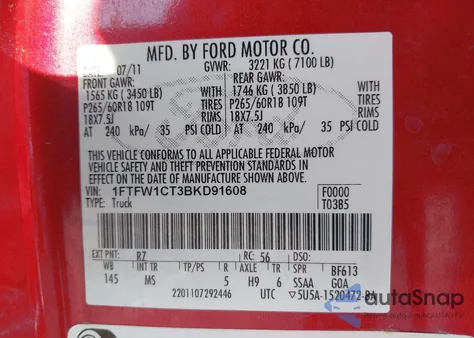 2011 Ford F-150 Xlt z USA, uszkodzony, nr VIN 1FTFW1CT3BKD91608